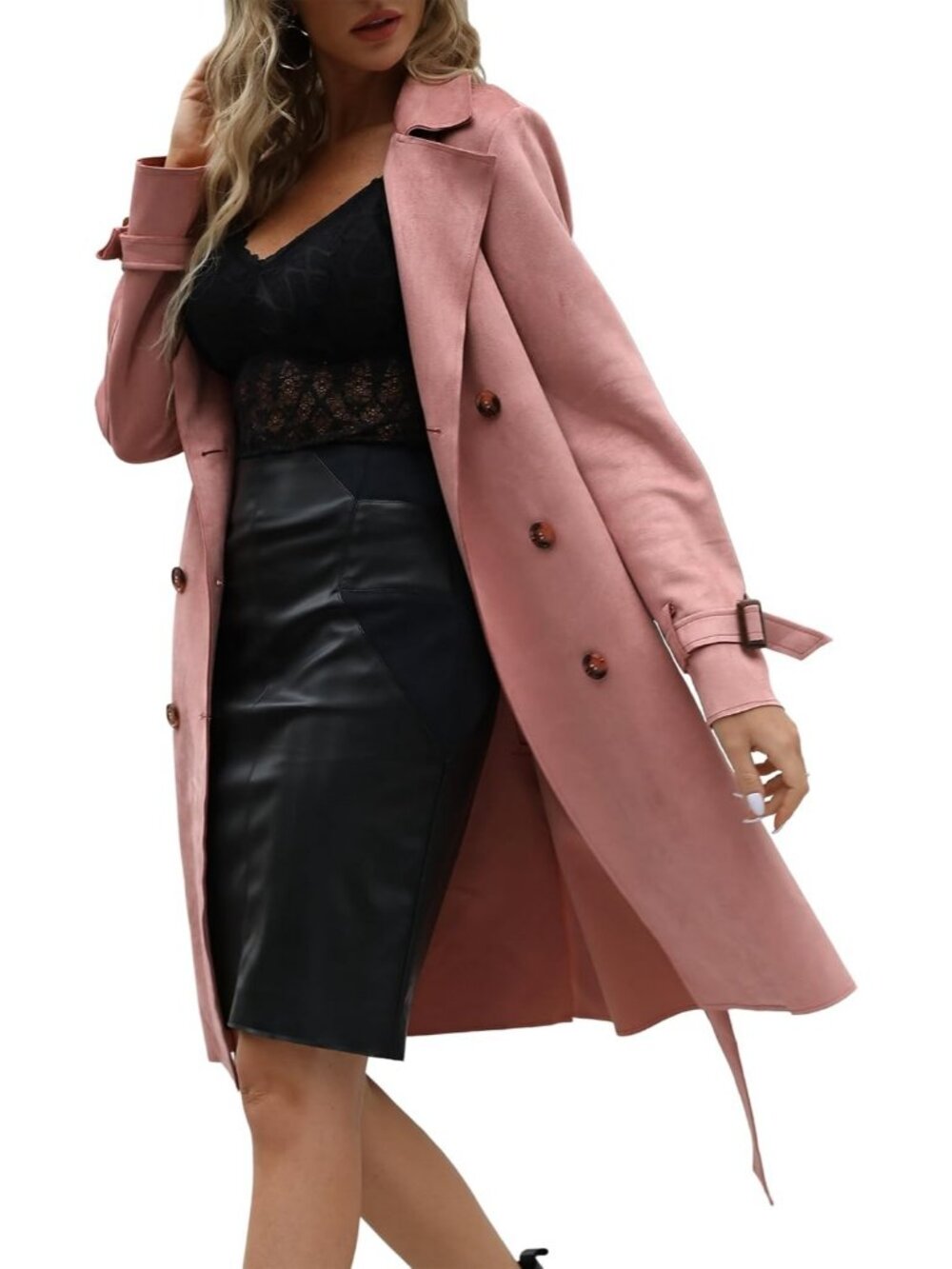 Women's Pink Polyester Long Sleeve Classic Cuffs Pockets Trench Coat Jackets